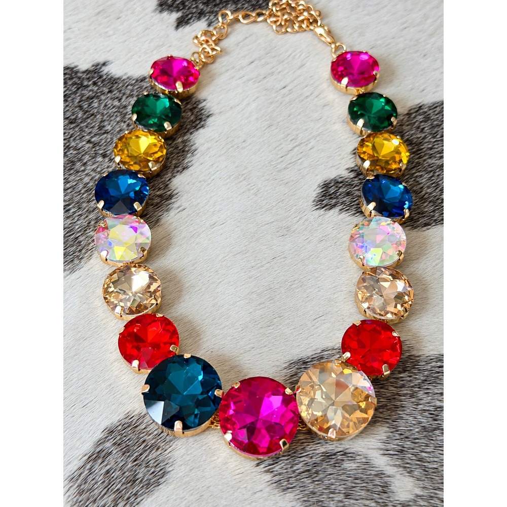 Multicolor Rhinestone Choker Rainbow Crystal Gold Tone Statement Necklace